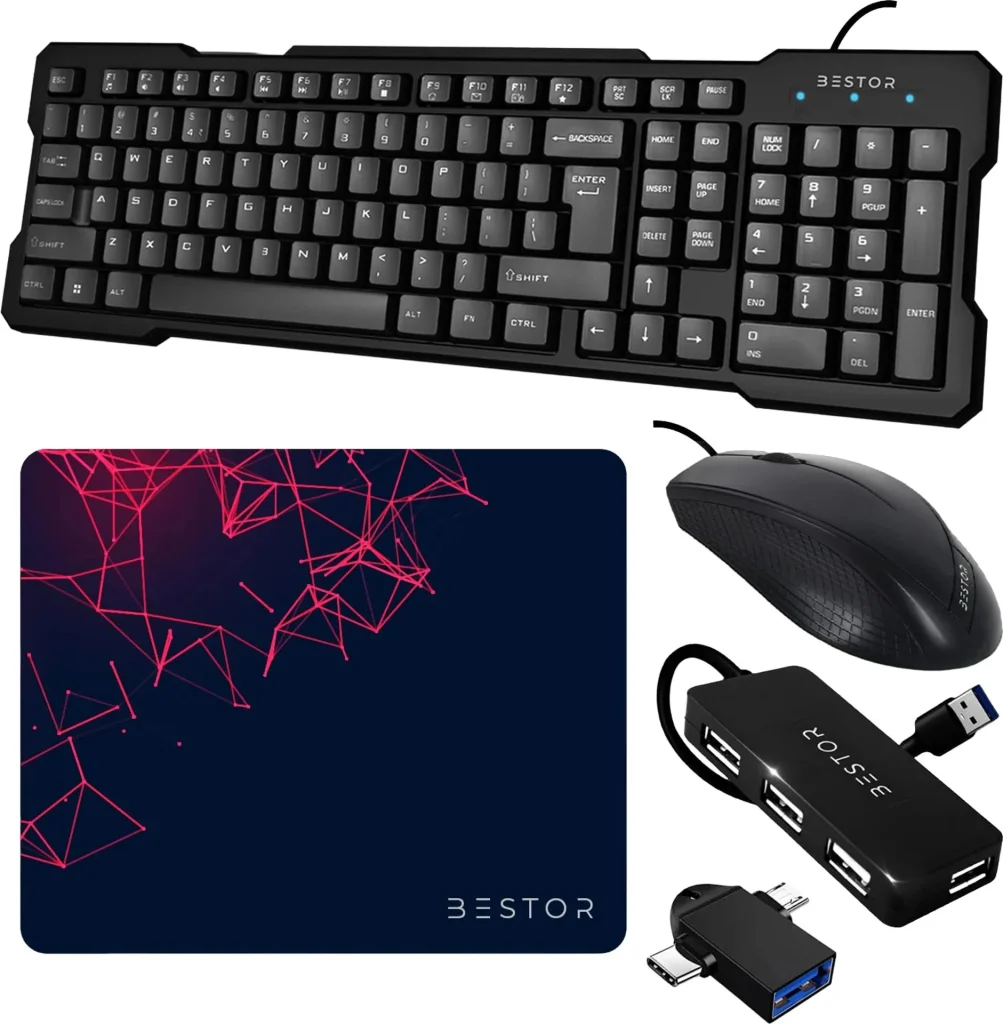 Bestor Set of 5 Combo, USB Wired Keyboard, Wired Mouse, Mouse Pad, OTG Adapter, 4-Port HUB Combo Set (Black)