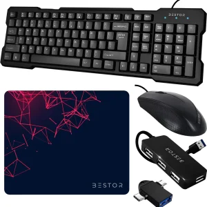 Bestor Set of 5 Combo, USB Wired Keyboard, Wired Mouse, Mouse Pad, OTG Adapter, 4-Port HUB Combo Set (Black)